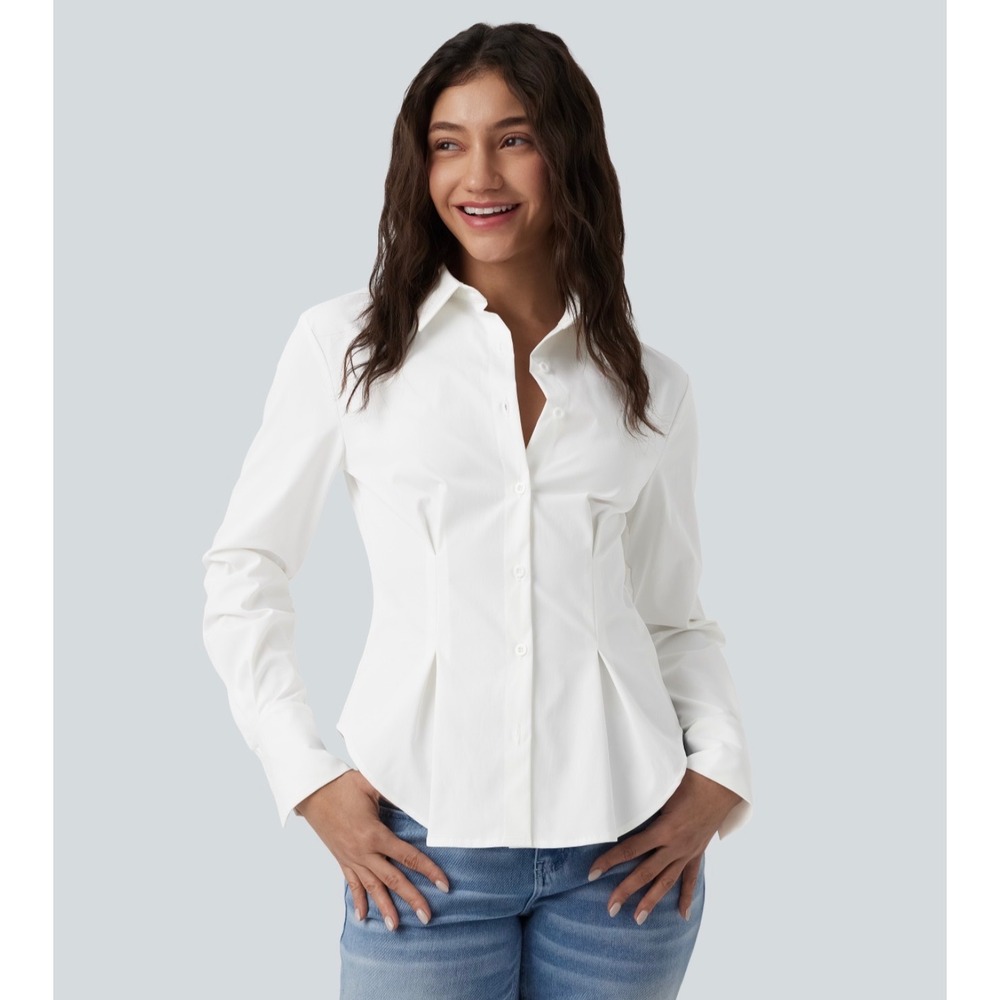 Halara Women White Long Sleeve Curved Hem Button Up Tailored Shirt Large L